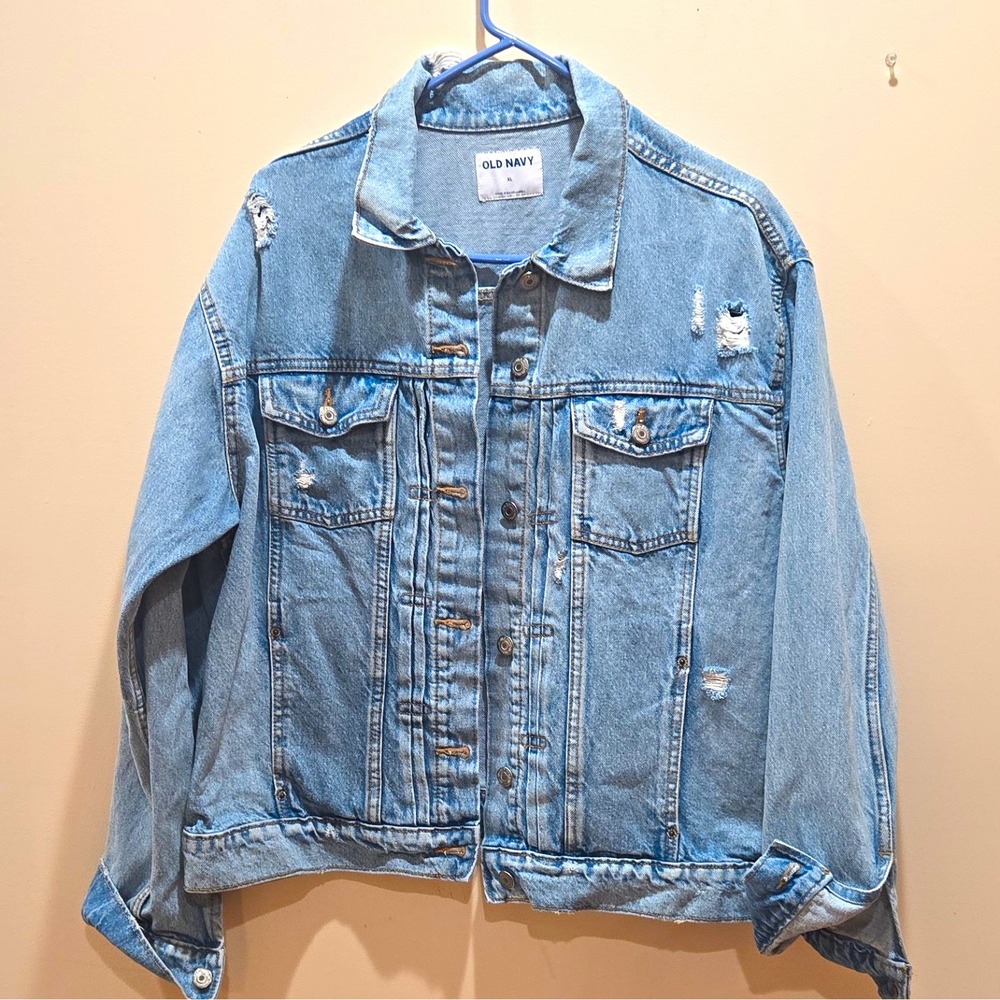 Old Navy Women's Blue Distressed Denim Jacket Button Front Collared Pockets XL